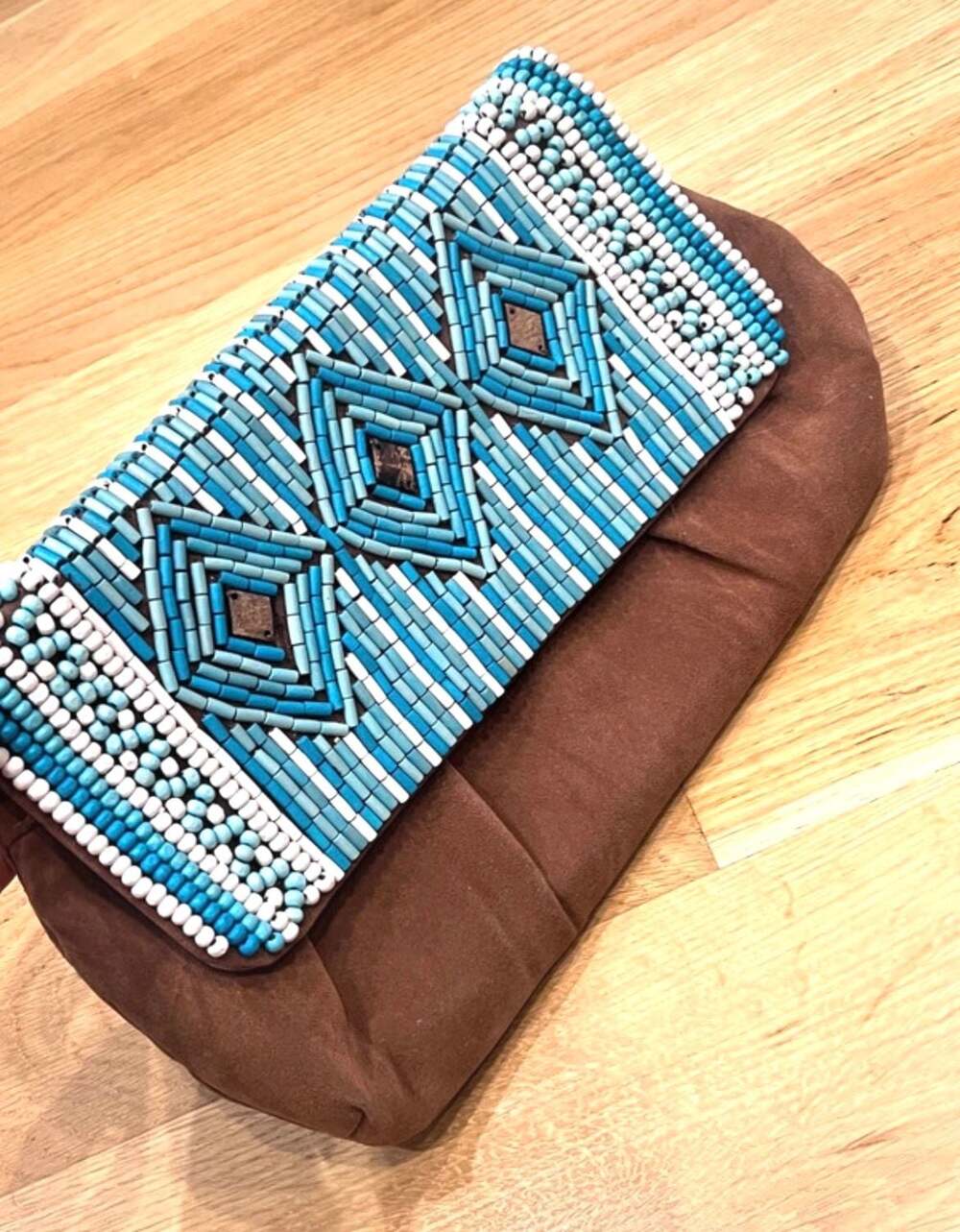 Chico's Brown Faux Suede Boho Turquoise Beaded Shoulder Bag with Chain Strap - Picture 9 of 9